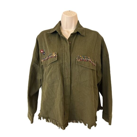 Anthropologie Beautiful Stories Shacket Womens Medium Green Crop Boxy Boho Shirt - Picture 1 of 9